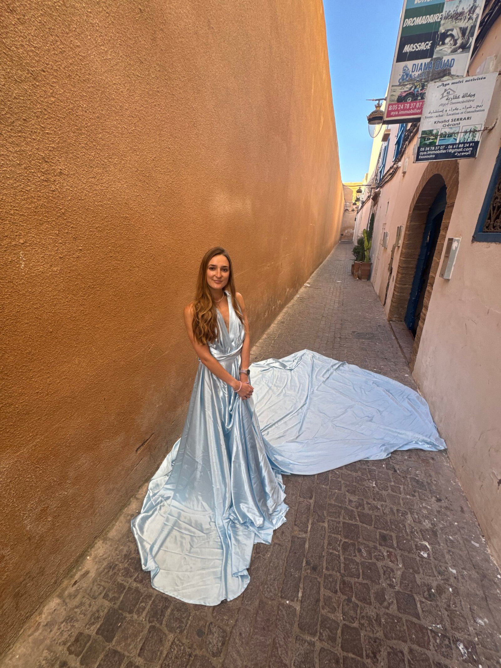 Aerial flying dress photography in Essaouira