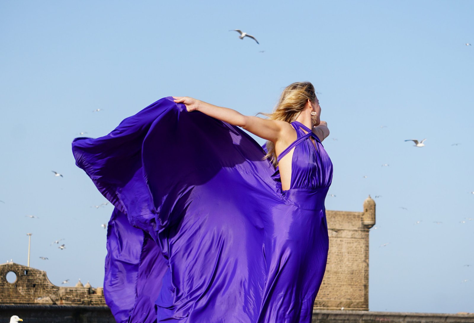 Cinematic flying dress moment in Essaouira